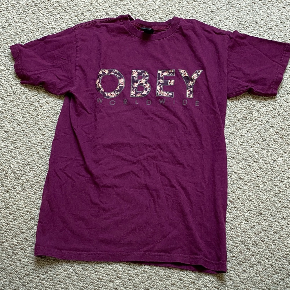 Obey Men's Short Sleeve Tee in burgundy